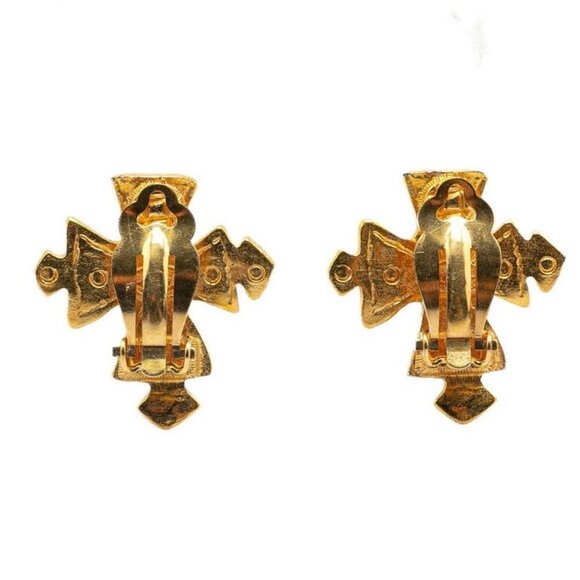 CHANEL CC Logos Cross Clip-On Earrings Gold Tone 94P Auth w/Box #12234 - Picture 2 of 4